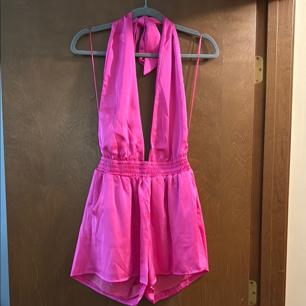Vibrant Pink Jumpsuit with Halter Neck and Ruching